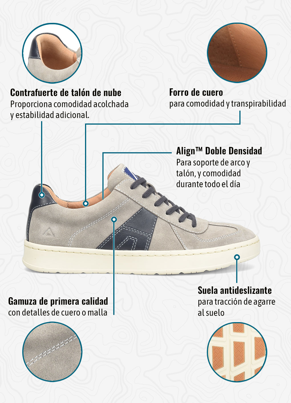 Contrafuerte de tal&oacute;n de nubeProporciona comodidad acolchada y estabilidad adicional. Forro de cueropara comodidad y transpirabilidad. Align&trade; Doble DensidadPara soporte de arco y tal&oacute;n, y comodidad durante todo el d&iacute;a. Gamuza de primera calidadcon detalles de cuero o malla. Suela antideslizantepara tracci&oacute;n de agarre al suelo. Zapatillas con cordones Verano en gris/azul marino.
