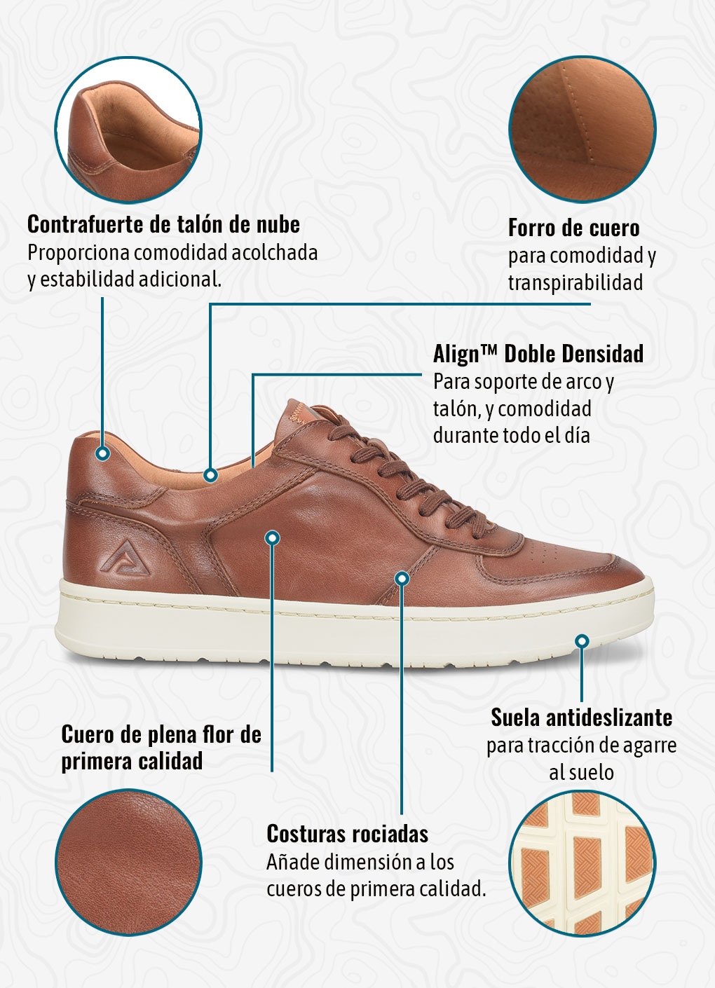Contrafuerte de tal&oacute;n de nubeProporciona comodidad acolchada y estabilidad adicional.Forro de cueropara comodidad y transpirabilidad. Align&trade; Doble DensidadPara soporte de arco y tal&oacute;n, y comodidad durante todo el d&iacute;a. Cuero de plena flor de primera calidad. Costuras rociadasA&ntilde;ade dimensi&oacute;n a los cueros de primera calidad. Suela antideslizantepara tracci&oacute;n de agarre al suelo. Zapatillas Venton Court en color co&ntilde;ac (marr&oacute;n).