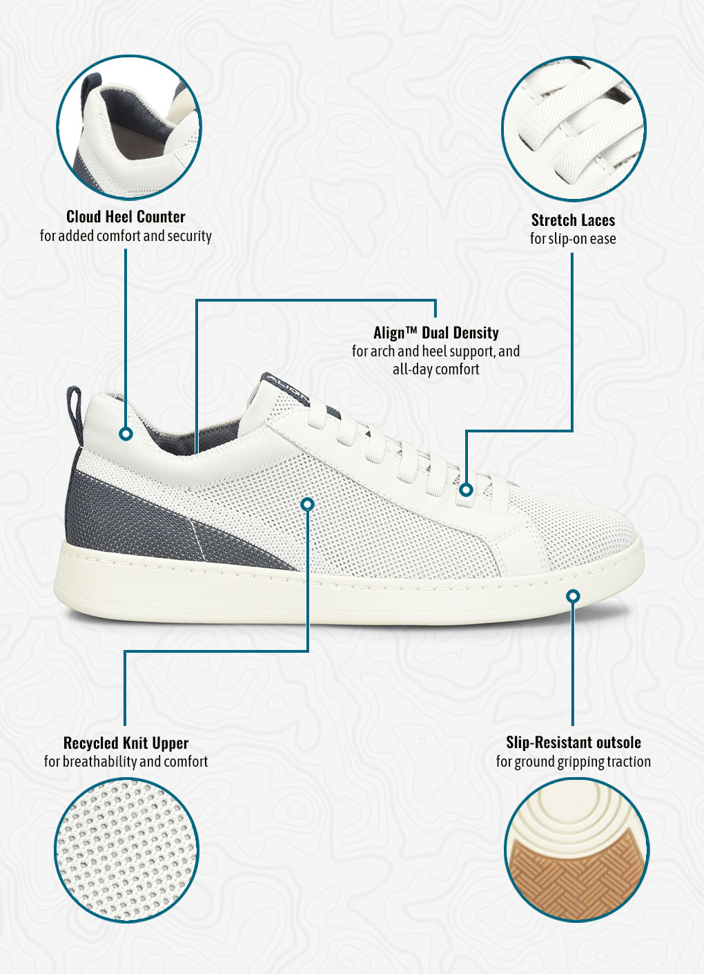 Cloud Heel Counterfor added comfort and security. Align&trade; Dual Density for arch and heel support, and all-day comfort. Stretch Lacesfor slip-on ease. Recycled Knit Upperfor breathability and comfort. Slip-Resistant outsole for ground gripping traction. Donovan Stretch-Lace Slip On Sneaker in off white.