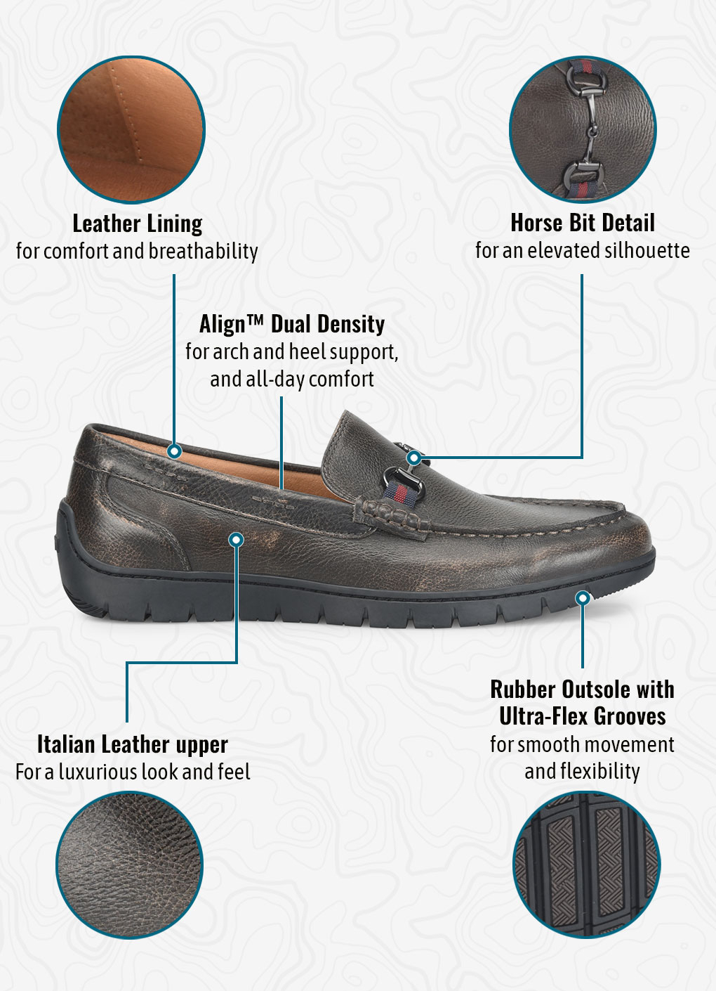 Leather Lining for comfort and breathability. Horse Bit Detailfor an elevated silhouette. Align&trade; Dual Density for arch and heel support, and all-day comfort. Italian Leather upper For a luxurious look and feel. Rubber Outsole with Ultra-Flex Grooves for smooth movement and flexibility. Monza Driving Moc Toe Loafers in Ebony Brown.