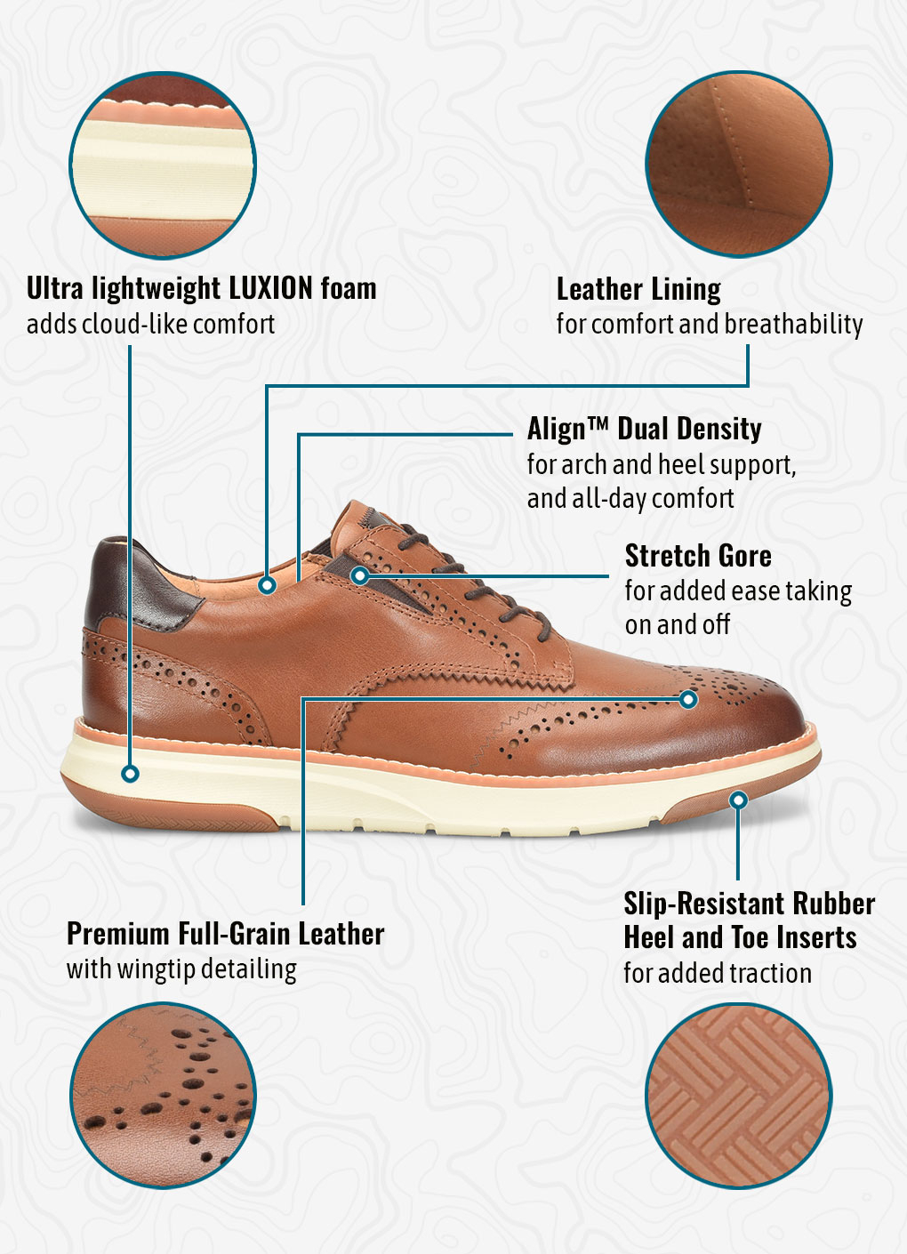 Ultra lightweight LUXION foamadds cloud-like comfort. Leather Liningfor comfort and breathability. Align&trade; Dual Density for arch and heel support, and all-day comfort. Stretch Gorefor added ease taking on and off. Premium Full-Grain Leatherwith wingtip detailing. Slip-Resistant Rubber Heel and Toe Insertsfor added traction. Sterling Leather Wingtip Oxford Sneakers in British tan (brown).
