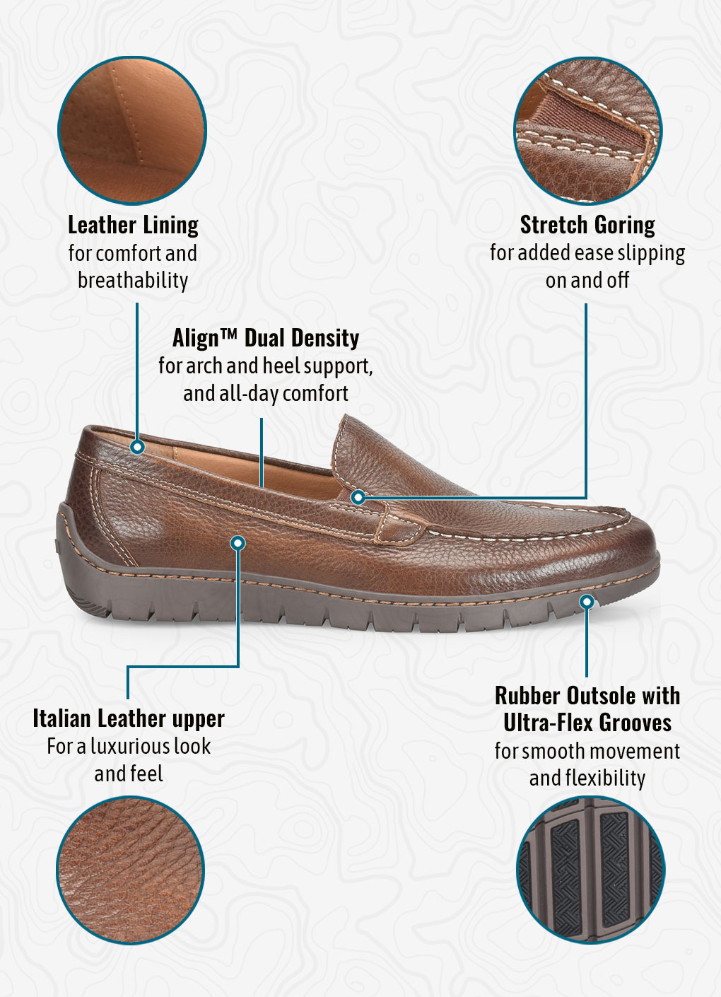 Leather Liningfor comfort and breathability. Stretch Goringfor added ease slipping on and off. Align&trade; Dual Density for arch and heel support, and all-day comfort. Italian Leather upper For a luxurious look and feel. Rubber Outsole with Ultra-Flex Grooves for smooth movement and flexibility. Marcel Driving Moc Toe Loafers in whisky (brown).