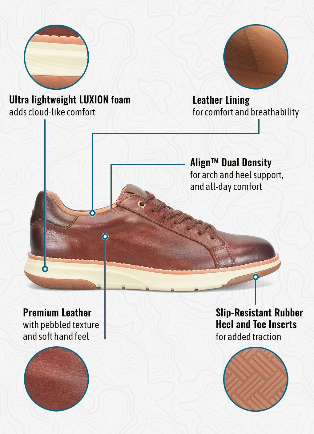 Ultra lightweight LUXION foamadds cloud-like comfort. Leather Liningfor comfort and breathability. Align&trade; Dual Density for arch and heel support, and all-day comfort. Premium Leatherwith pebbled texture and soft hand feel. Slip-Resistant Rubber Heel and Toe Insertsfor added traction. Shaw Leather Tennis Sneakers in brandy (brown).