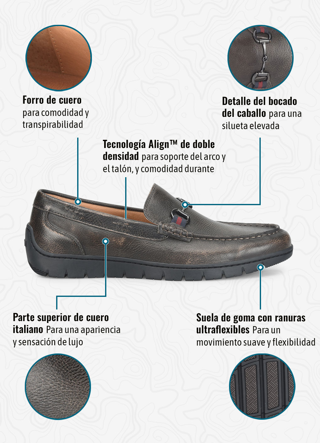 Forro de cueropara comodidad y transpirabilidad. Detalle del bocado del caballopara una silueta elevada. Tecnolog&iacute;a Align&trade; de doble densidad para soporte del arco y el tal&oacute;n, y comodidad durante todo el d&iacute;a. Parte superior de cuero italianoPara una apariencia y sensaci&oacute;n de lujo. Parte superior de cuero italianoPara una apariencia y sensaci&oacute;n de lujo. Mocasines Monza Driving Moc Toe en color marr&oacute;n &eacute;bano.