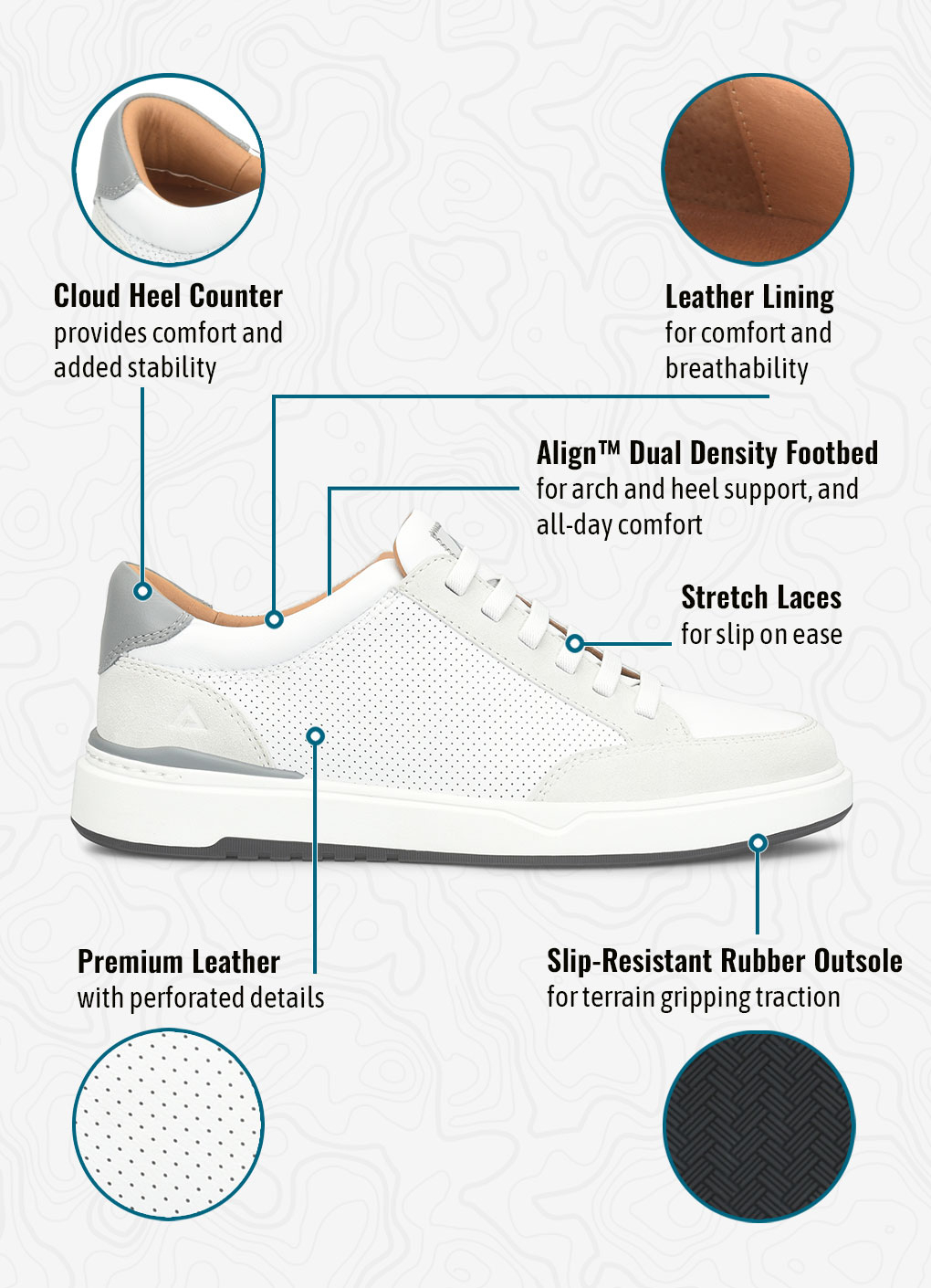 Cloud Heel Counterprovides comfort and added stability. Leather Liningfor comfort and breathability. Align&trade; Dual Density Footbedfor arch and heel support, and all-day comfort. Stretch Lacesfor slip on ease. Premium Leatherwith perforated details. Slip-Resistant Rubber Outsolefor terrain gripping traction. Jenson Stretch-Lace Slip On Sneaker in white.