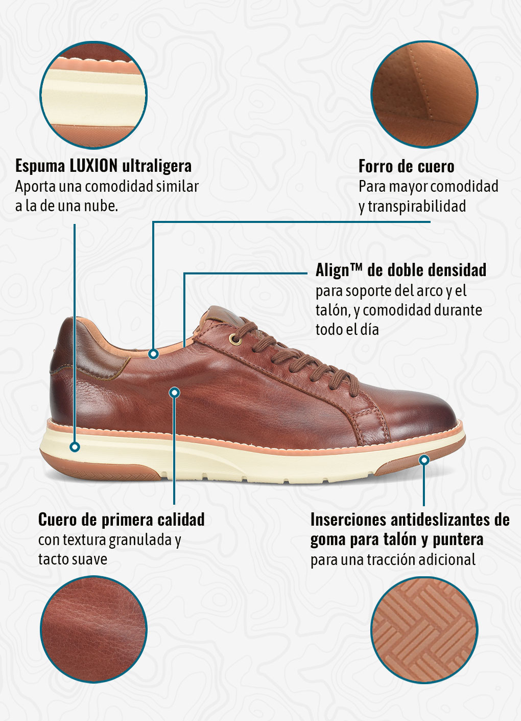 Espuma LUXION ultraligeraAporta una comodidad similar a la de una nube. Forro de cueroPara mayor comodidad y transpirabilidad. Align&trade; de doble densidadpara soporte del arco y el tal&oacute;n, y comodidad durante todo el d&iacute;a. Cuero de primera calidadcon textura granulada y tacto suave. Inserciones antideslizantes de goma para tal&oacute;n y punterapara una tracci&oacute;n adicional. Zapatillas de tenis de cuero Shaw en color brandy (marr&oacute;n).