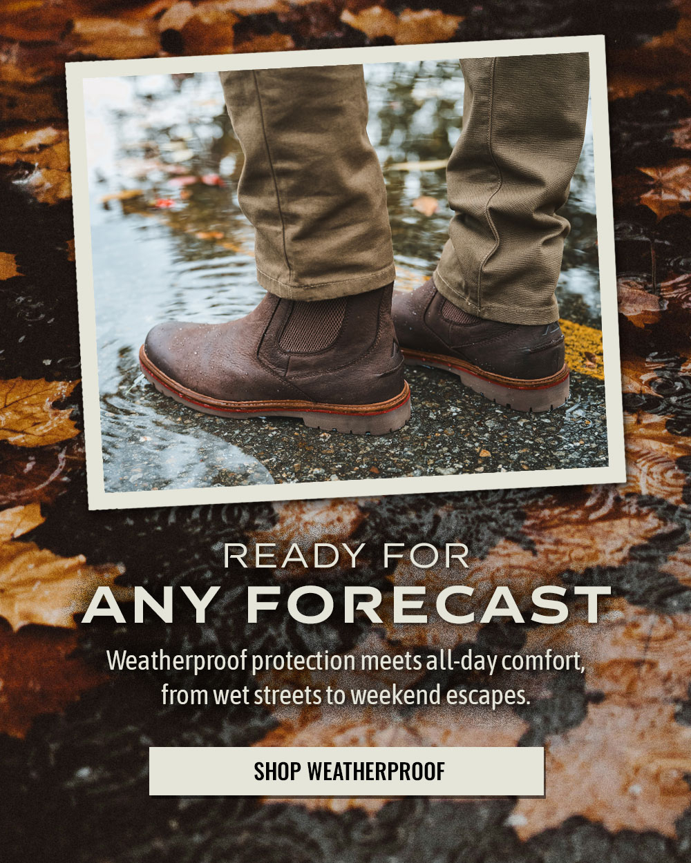 Ready for any forecast. Weatherproof protection meets all-day comfort, from wet streets to weekend escapes. Shop Weatherproof. A man wearing the Rangley chelsea boot in dark brown.