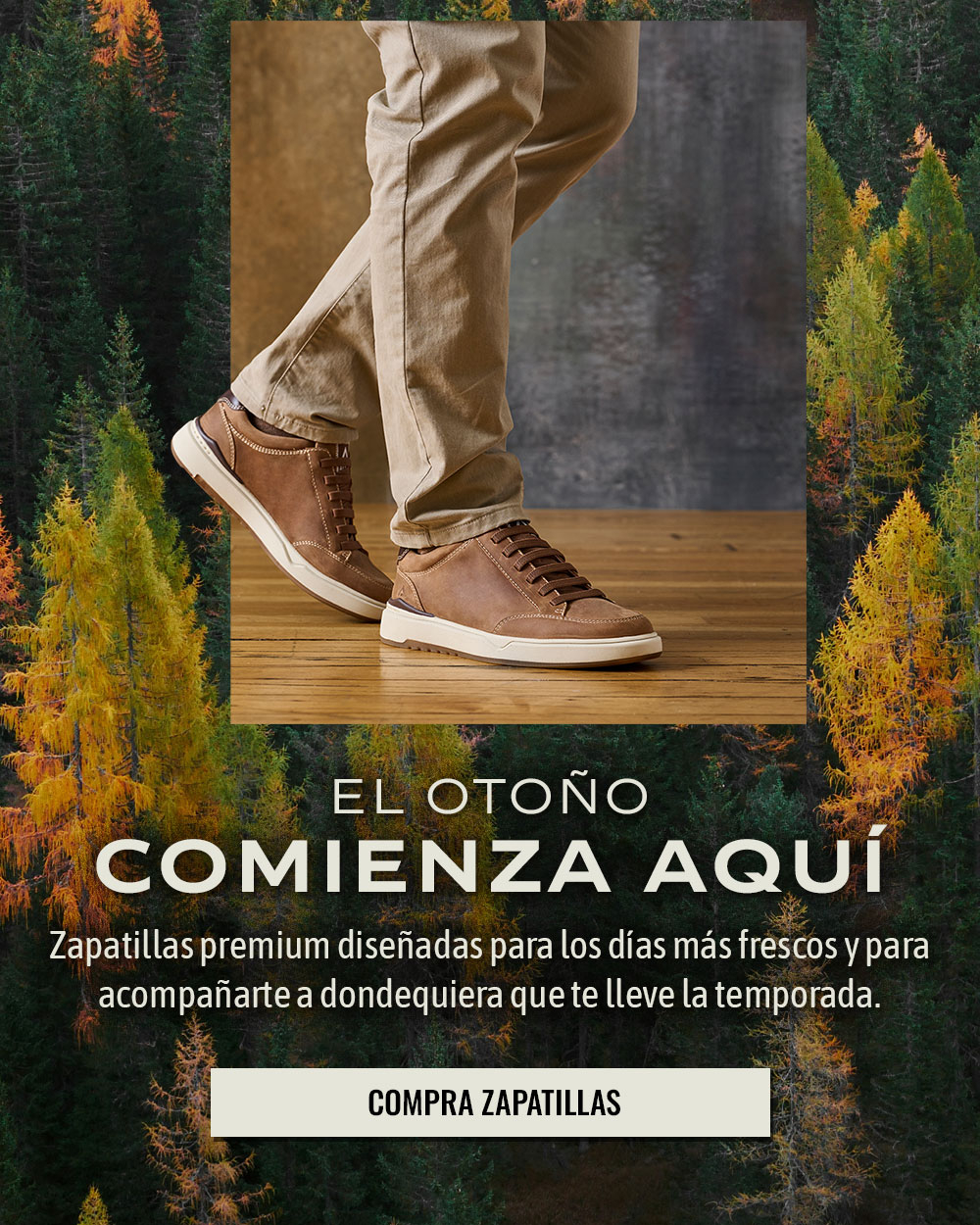 El oto&ntilde;o comienza aqu&iacute;. Zapatillas premium dise&ntilde;adas para los d&iacute;as m&aacute;s frescos y para acompa&ntilde;arte a dondequiera que te lleve la temporada. Compra zapatillas. Un hombre que lleva las zapatillas Jenson en color marr&oacute;n tierra.