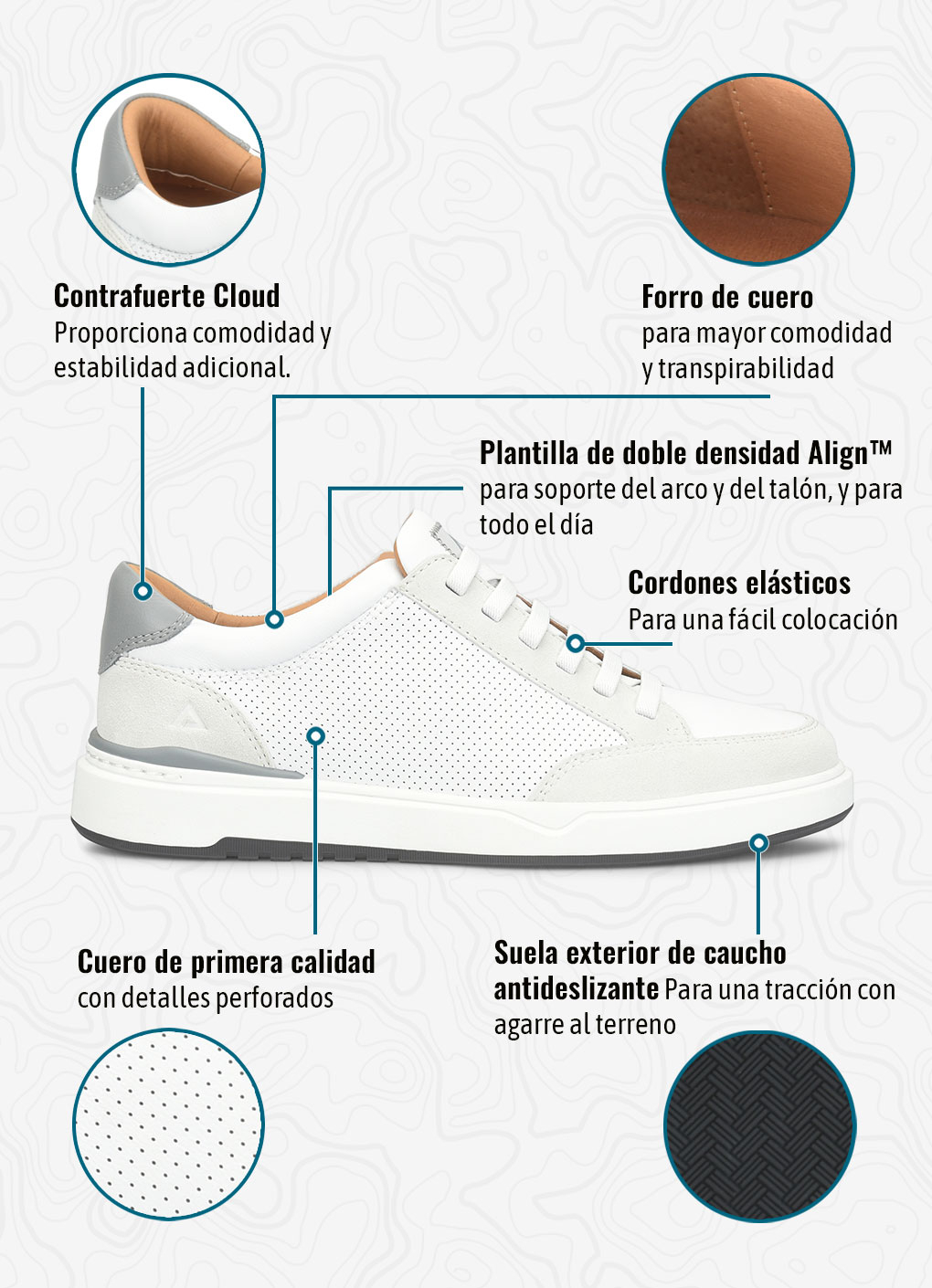 Contrafuerte CloudProporciona comodidad y estabilidad adicional. Forro de cueroPara mayor comodidad y transpirabilidad. Plantilla de doble densidad Align&trade;para soporte del arco y el tal&oacute;n, y comodidad durante todo el d&iacute;a. Cordones el&aacute;sticosPara una f&aacute;cil colocaci&oacute;n. Cuero de primera calidadcon detalles perforados. Suela exterior de caucho antideslizantePara una tracci&oacute;n con agarre al terreno. Zapatilla sin cordones Jenson de encaje el&aacute;stico en blanco.