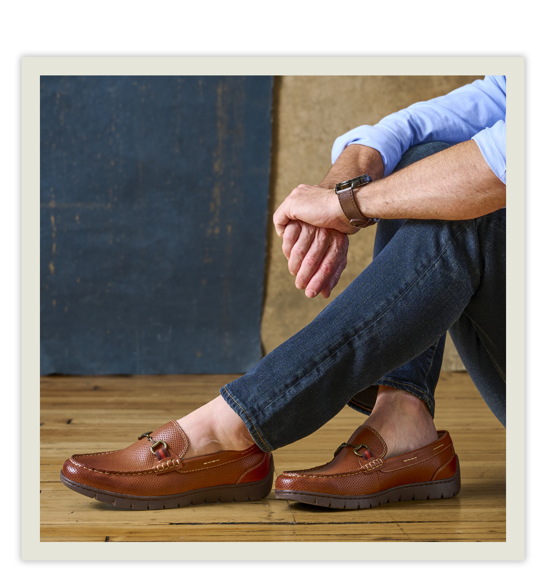 Man wearing the Monza Loafer in British Tan.