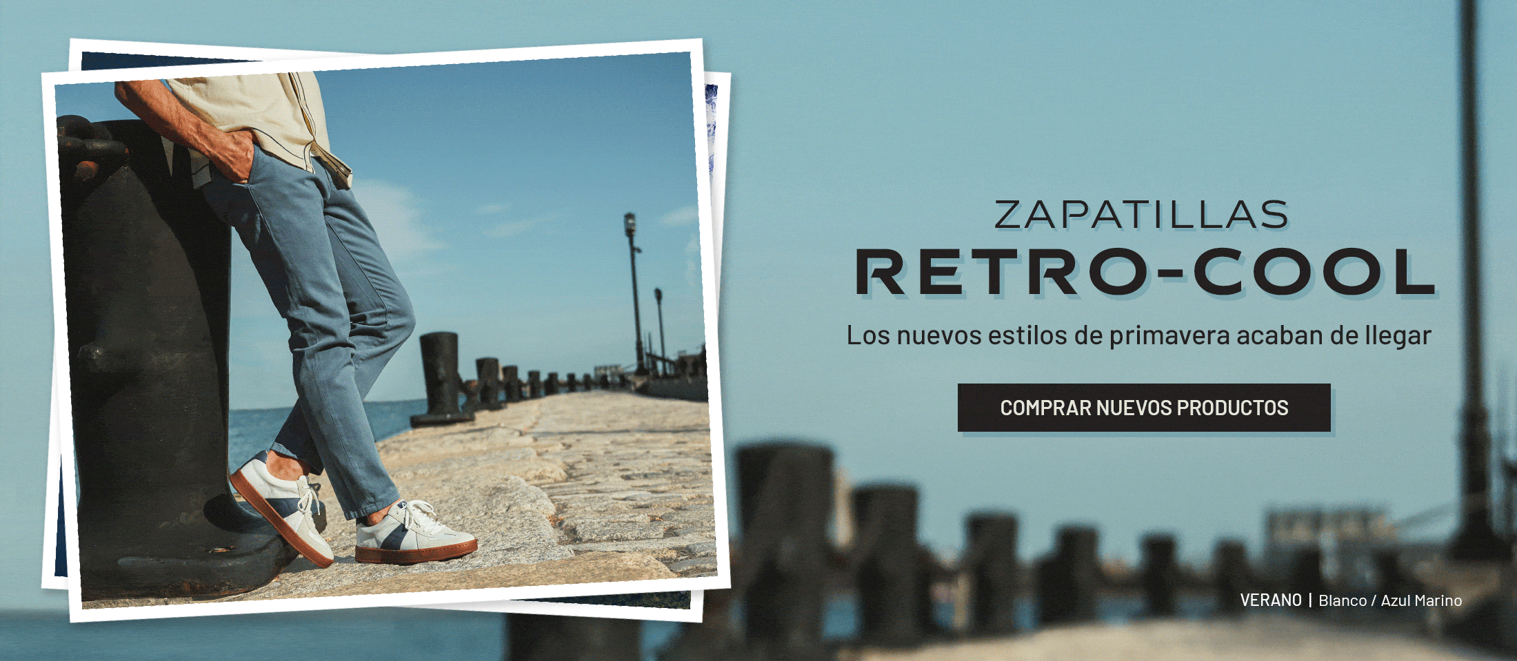 Zapatillas retro-cool. Los nuevos estilos de primavera acaban de llegar. Compra las novedades. Verano en blanco/azul marino.