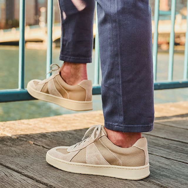 Man wearing Verano in tan leather and fabric. Shop Verano