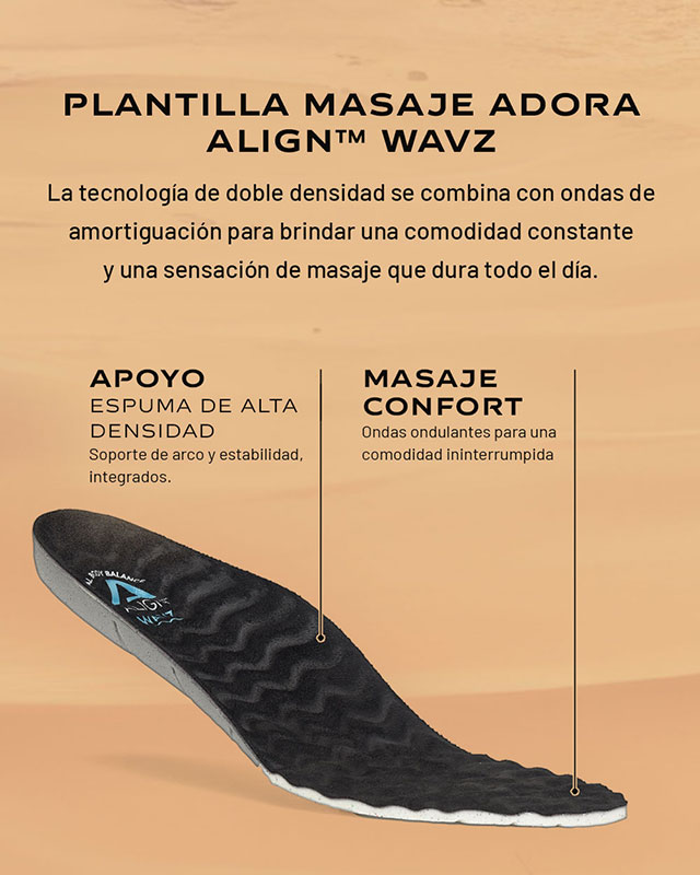 Plantilla de masaje Wavz. La tecnología de doble densidad se combina con ondas de amortiguación para brindar comodidad constante y una sensación de masaje que dura todo el día. Soporte: soporte de arco y estabilidad de espuma de alta densidad integrados. Comodidad de masaje: ondas onduladas para una comodidad constante.