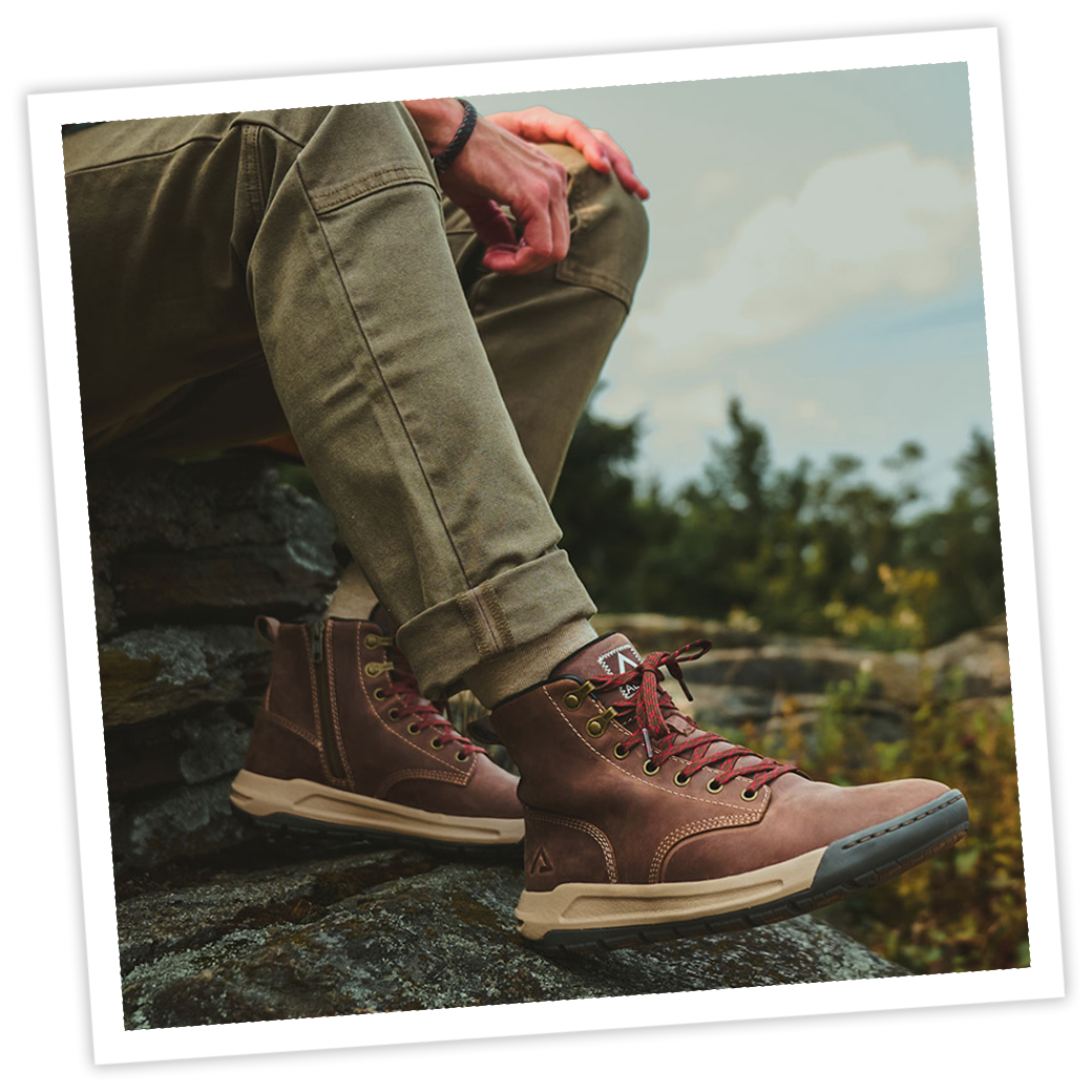 Man wearing the Eddy Waterproof leather boot in brown.