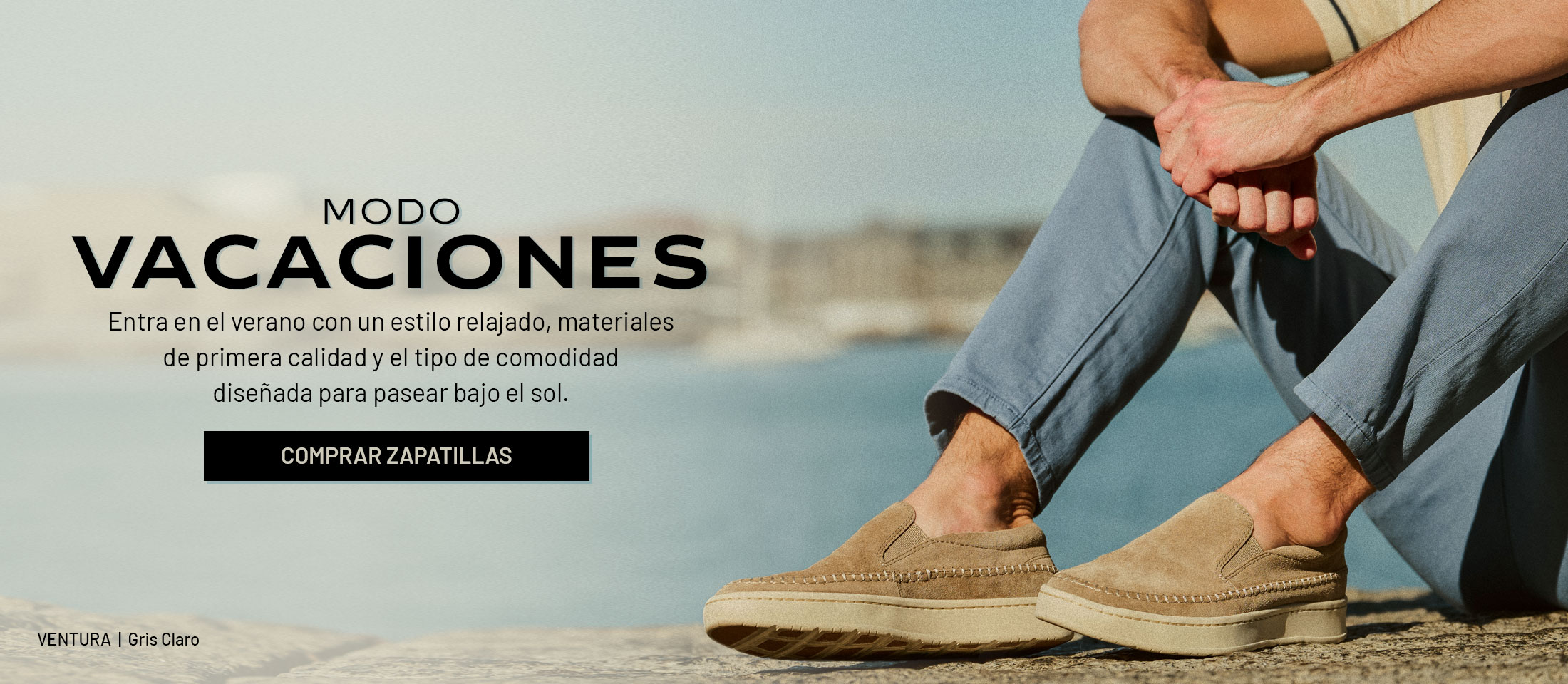 Modo vacaciones. Entra en el verano con un estilo relajado, materiales _de primera calidad y el tipo de comodidad diseñada para pasear bajo el sol. Comprar zapatillas. Ventura in gris claro.