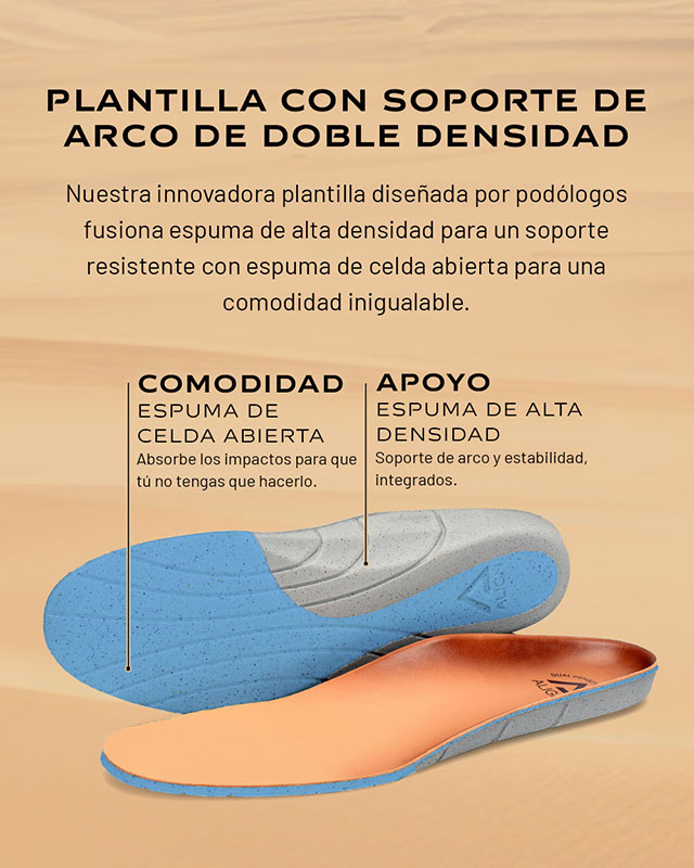 Plantilla de soporte de arco de doble densidad. Nuestra innovadora plantilla diseñada por podólogos fusiona espuma de alta densidad para un soporte resistente con espuma de celdas abiertas para una comodidad inigualable. Comodidad: la espuma de celdas abiertas absorbe los impactos para que usted no tenga que hacerlo. Soporte: soporte de arco y estabilidad de espuma de alta densidad integrados.