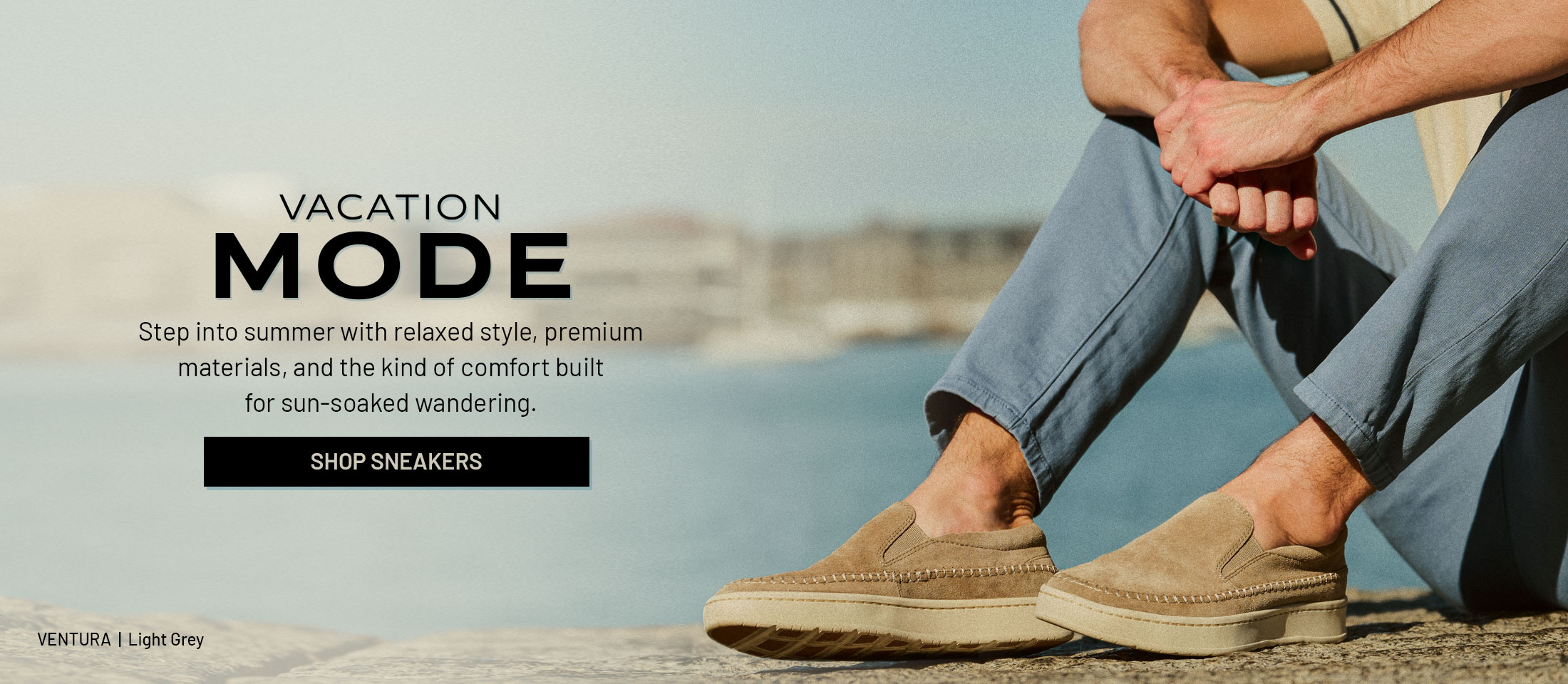  Vacation mode. Step into summer with relaxed style, premium  materials, and the kind of comfort built  for sun-soaked wandering. Shop sneakers. Ventura slip-on shoe in tan suede (Light Grey).